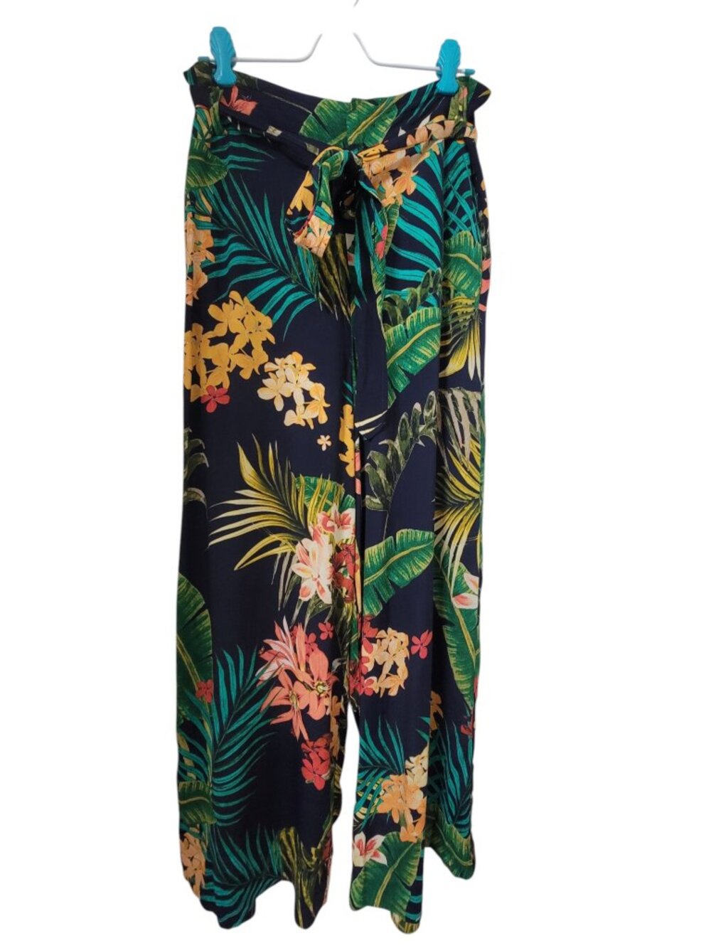 Zara Size M Navy Blue with Vibrant Tropical Pattern Wide Leg Pants, Sash Belt